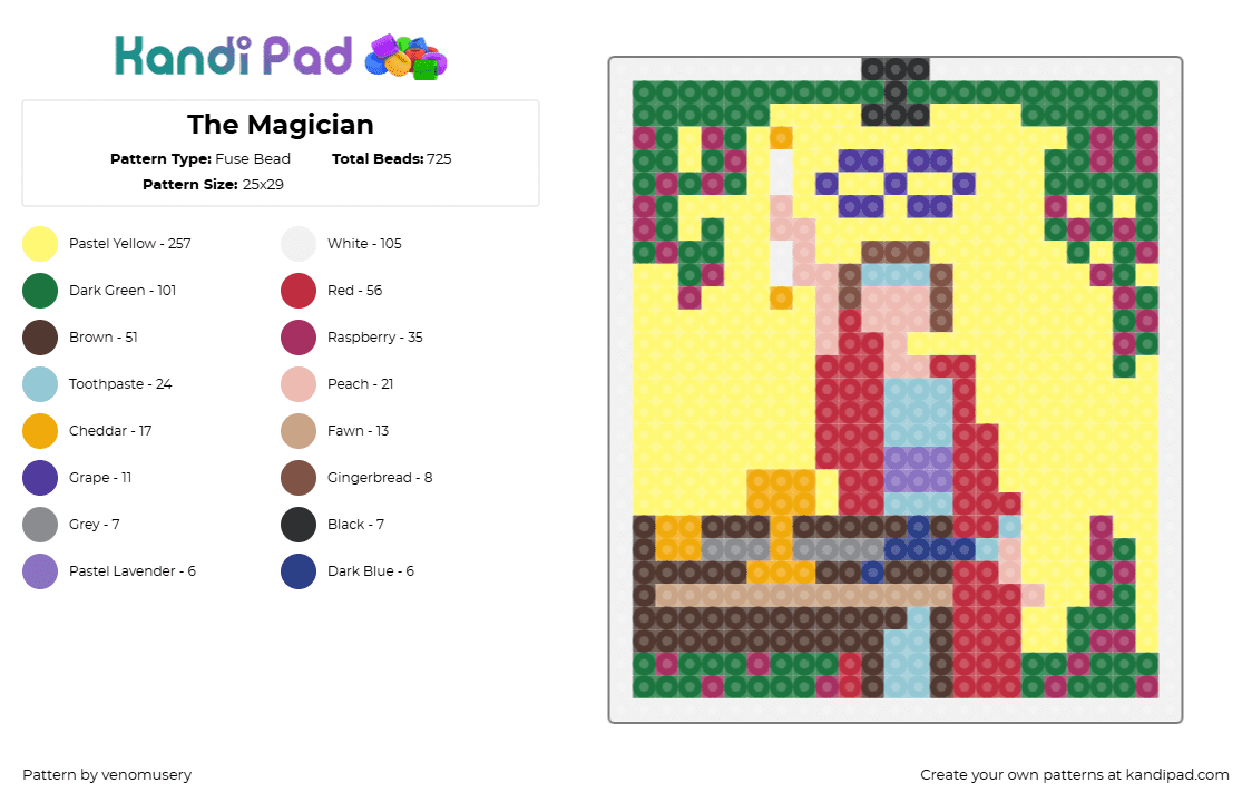 The Magician - Fuse Bead Pattern by venomusery on Kandi Pad - magician,tarot card,fortune,future,mystical,magic,yellow,red,green