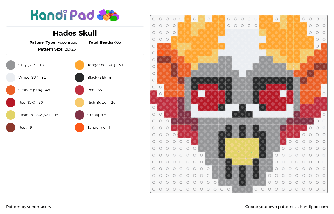 Hades Skull - Fuse Bead Pattern by venomusery on Kandi Pad - hades,skull,fiery,video game,spooky,gray,orange,red