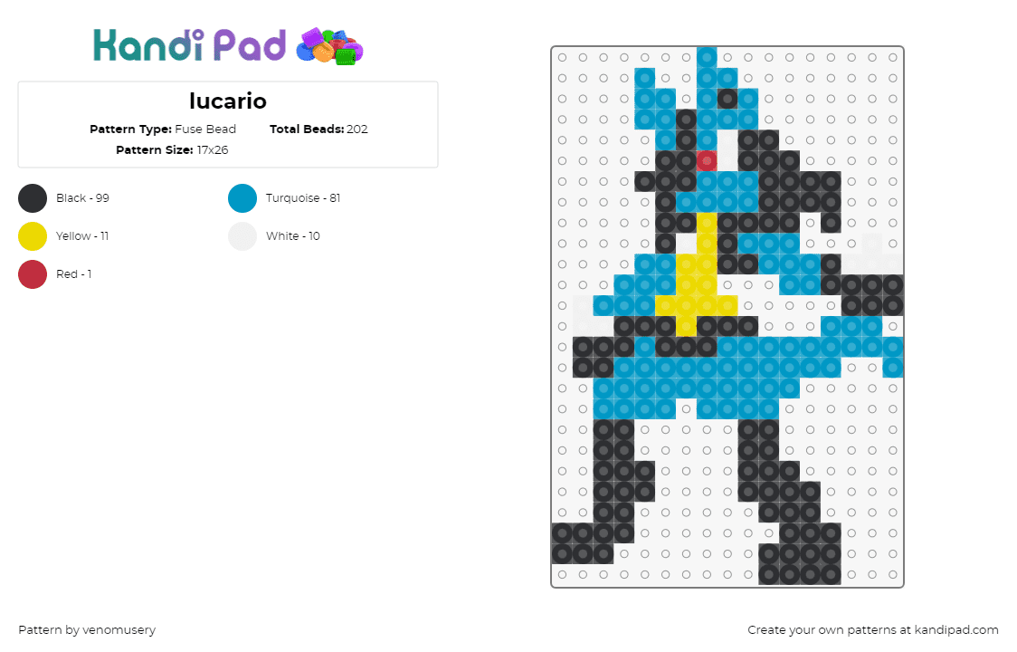 lucario - Fuse Bead Pattern by venomusery on Kandi Pad - lucario,pokemon,character,gaming,teal,black