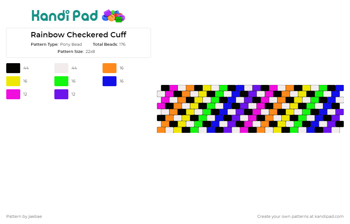 Rainbow Checkered Cuff - Pony Bead Pattern by jaebae on Kandi Pad - rainbow,colorful,checkered,cuff,stripes