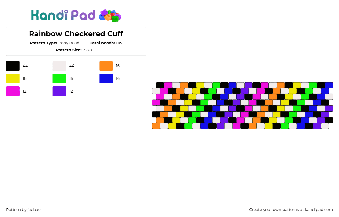 Rainbow Checkered Cuff - Pony Bead Pattern by jaebae on Kandi Pad - rainbow,colorful,checkered,cuff,diagonal,stripes