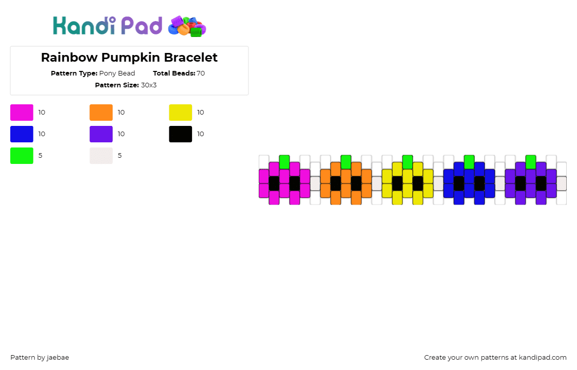 Rainbow Pumpkin Bracelet - Pony Bead Pattern by jaebae on Kandi Pad - pumpkins,rainbow,halloween,colorful,cute,spooky,bracelet,cuff