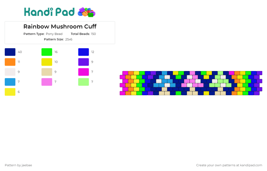 Rainbow Mushroom Cuff - Pony Bead Pattern by jaebae on Kandi Pad - mushrooms,rainbow,colorful,stripes,cuff