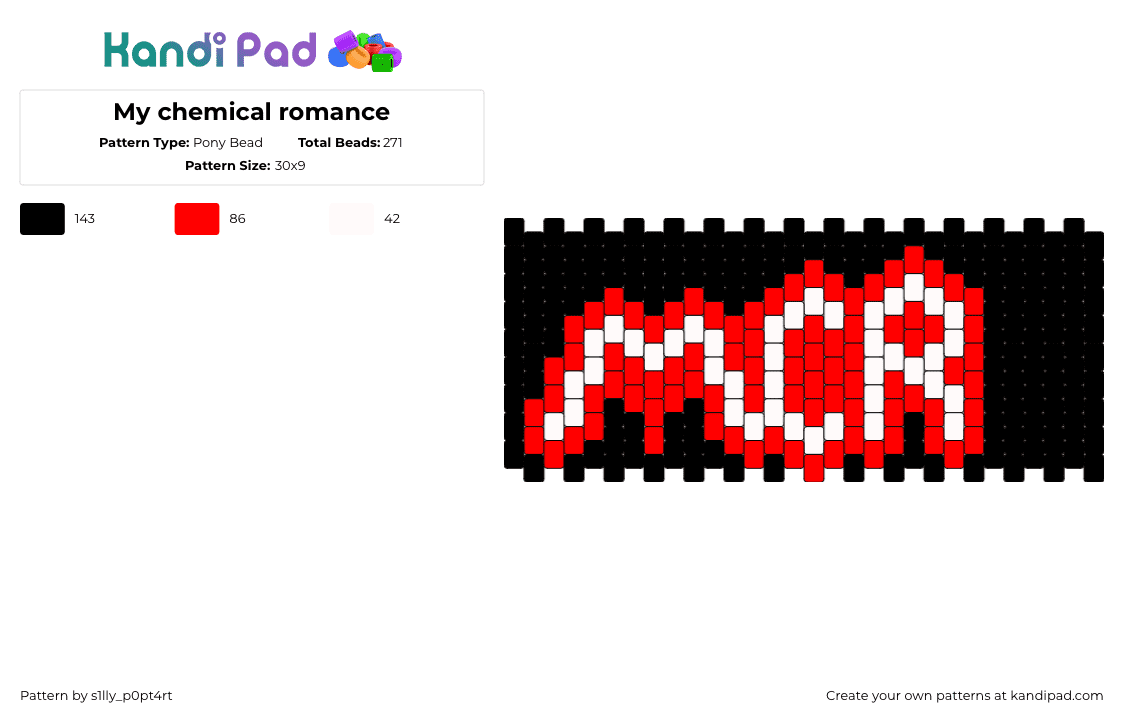 My chemical romance - Pony Bead Pattern by s1lly_p0pt4rt on Kandi Pad - mcr,my chemical romance,text,cuff,music,band,emo,black,white,red