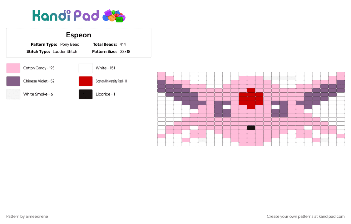 Espeon - Pony Bead Pattern by aimeexirene on Kandi Pad - character, espeon, gaming, head, pink, pokemon, tapestry, video game