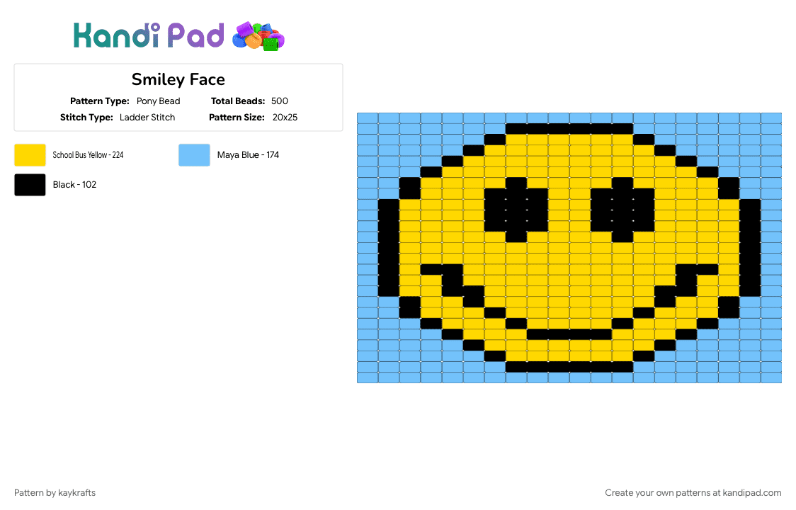 Smiley Face - Pony Bead Pattern by kaykrafts on Kandi Pad - light blue, yellow