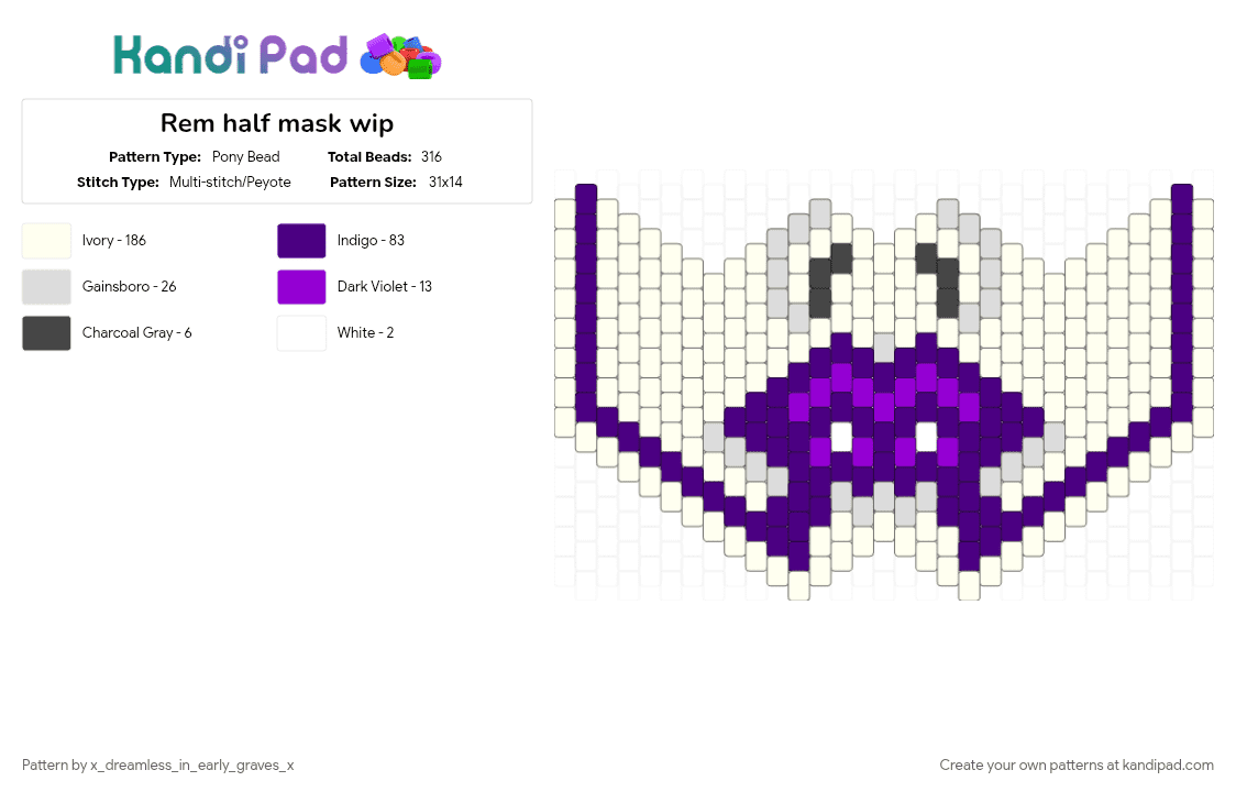 Death Note Rem Subzero Mask - Pony Bead Pattern by x_dreamless_in_early_graves_x on Kandi Pad - anime, cosplay, death note, deathnote, mask, purple, rem, shinigami, shinigami rem, white