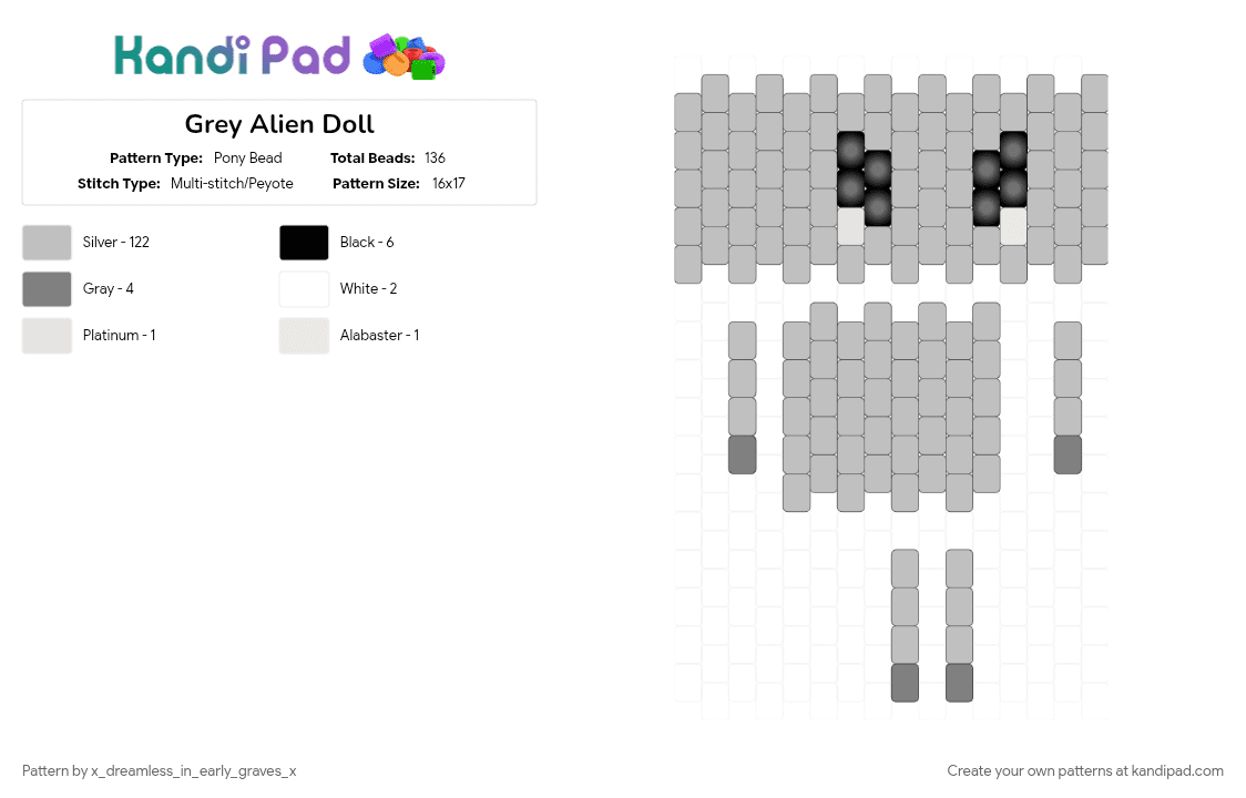 Grey Alien Doll - Pony Bead Pattern by x_dreamless_in_early_graves_x on Kandi Pad - alien, beige, doll, et, extraterrestrial, grey, scifi, space, ufo