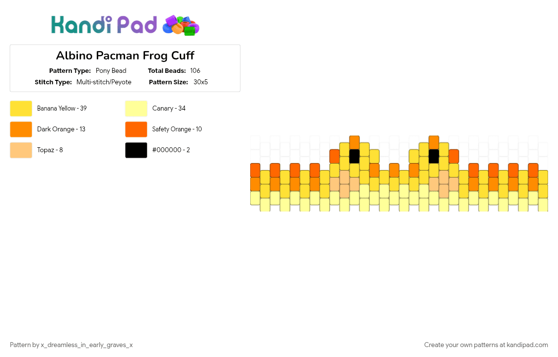Albino Pacman Frog Cuff - Pony Bead Pattern by x_dreamless_in_early_graves_x on Kandi Pad - 