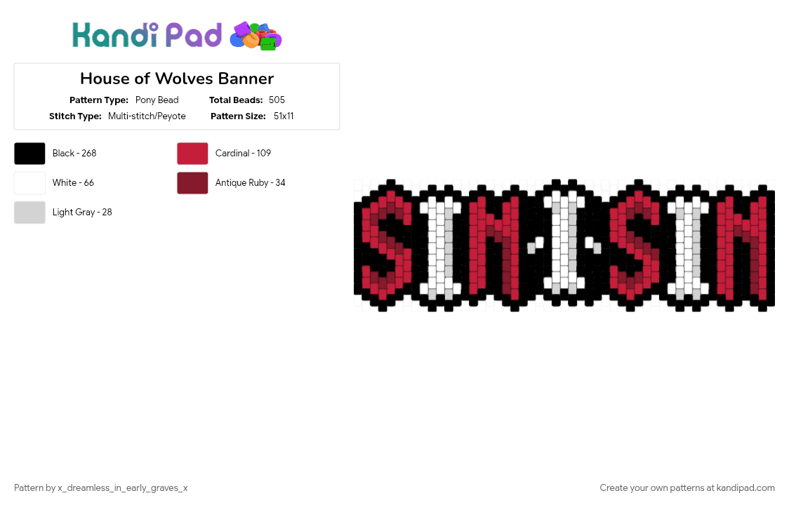 House of Wolves Banner - Pony Bead Pattern by x_dreamless_in_early_graves_x on Kandi Pad - black and white, blackparade, emo, letters, mcr, mychem, mychemicalromance, sin