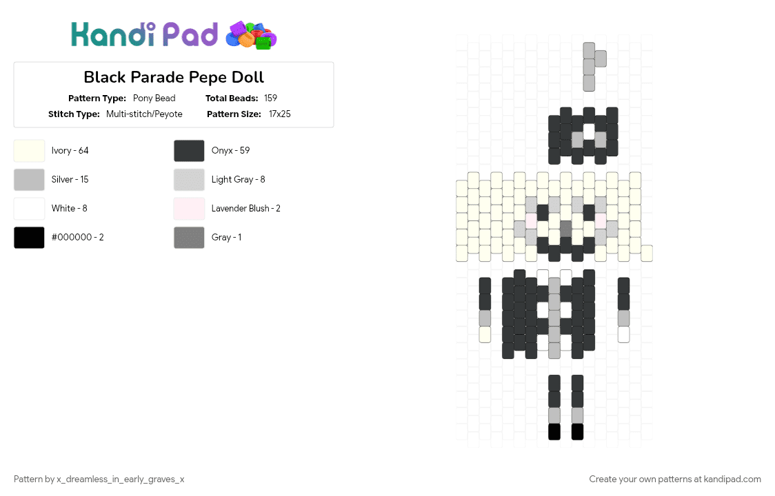 Black Parade Pepe Doll - Pony Bead Pattern by x_dreamless_in_early_graves_x on Kandi Pad - beige, blackparade, doll, emo, mcr, music, mychem, mychemicalromance, theblackparade, white
