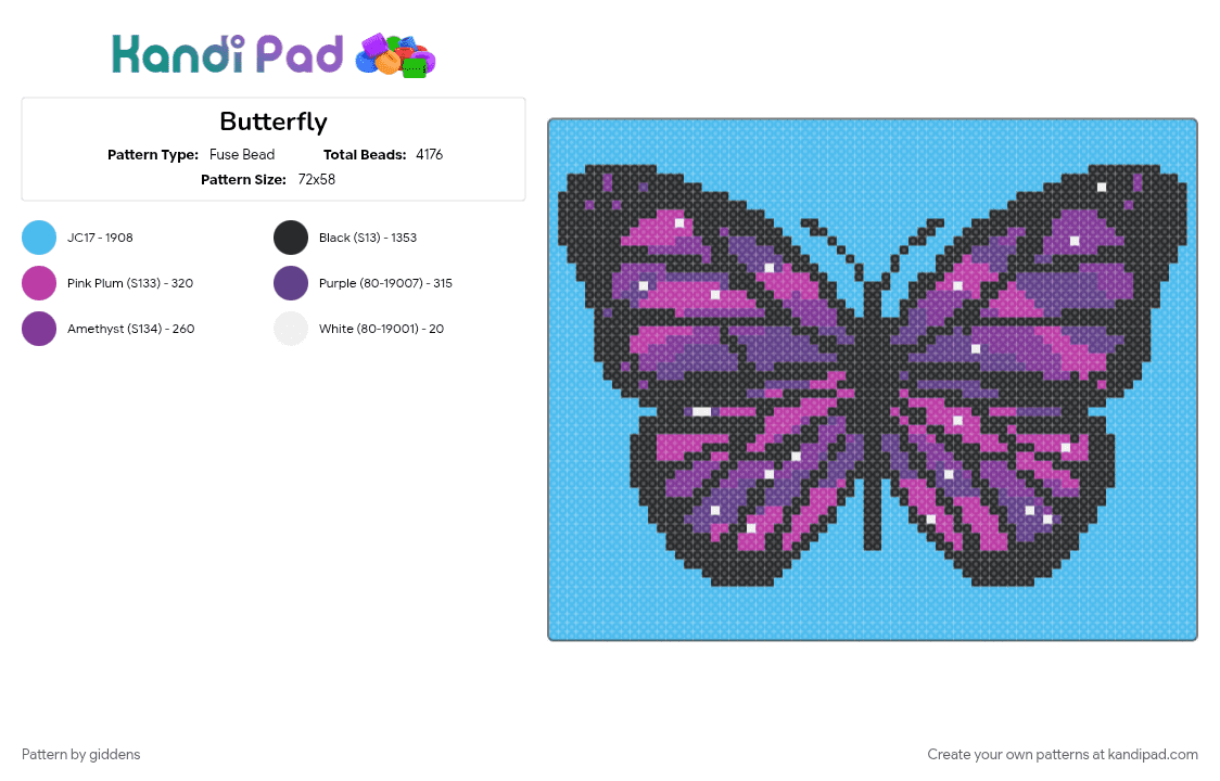 Butterfly - Fuse Bead Pattern by giddens on Kandi Pad - light blue