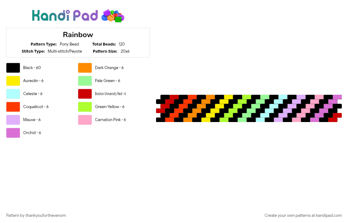Rainbow - Pony Bead Pattern by thankyouforthevenom on Kandi Pad - black, pink, red
