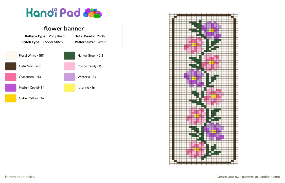flower banner - Pony Bead Pattern by kramekay on Kandi Pad - gray, pink, white