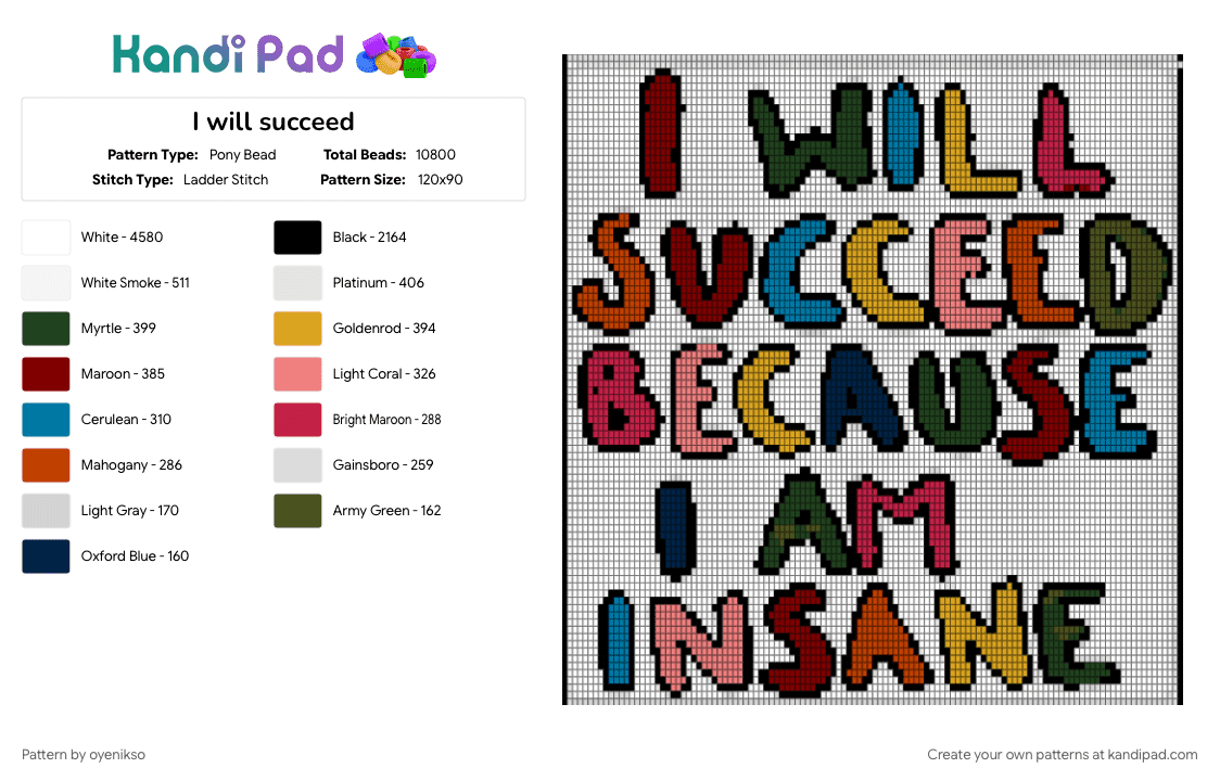 I will succeed - Pony Bead Pattern by oyenikso on Kandi Pad - blue, red, white