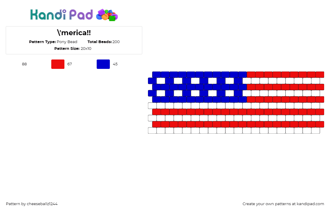 \'merica!! - Pony Bead Pattern by cheeseballz1244 on Kandi Pad - america,flag,country,stripes,cuff,red,white,blue