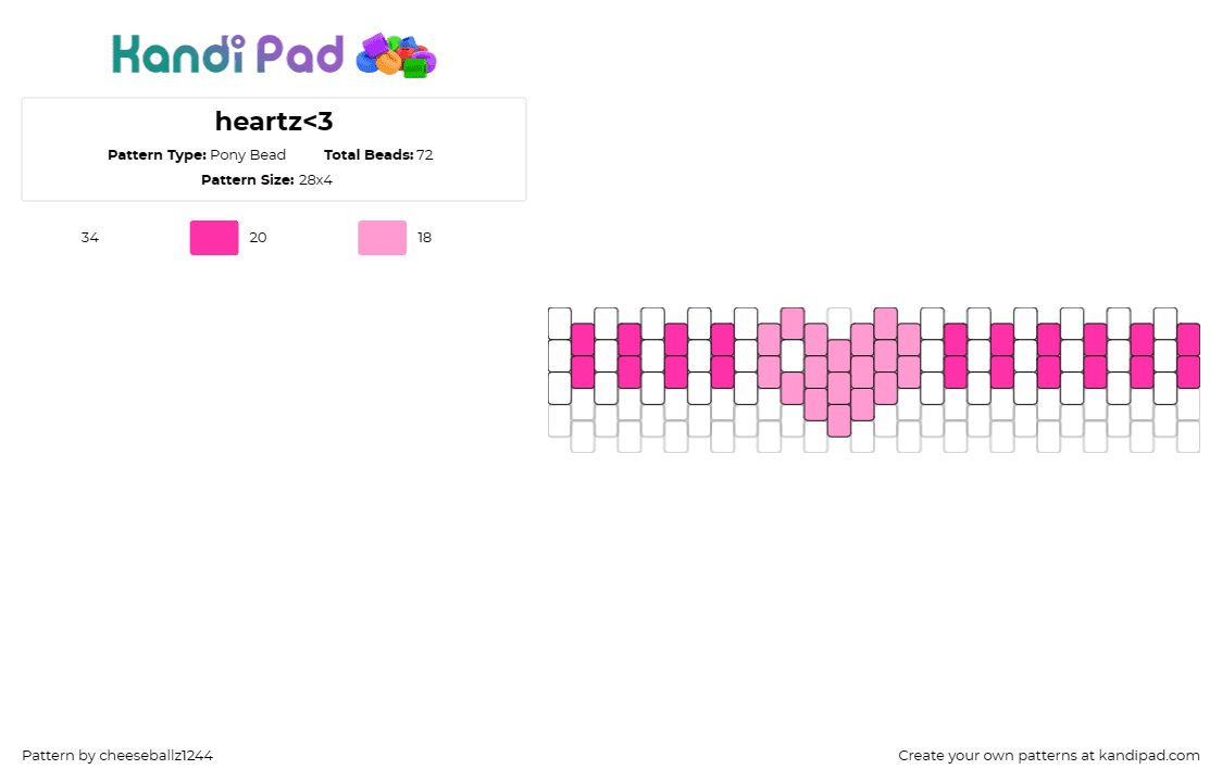 heartz<3 - Pony Bead Pattern by cheeseballz1244 on Kandi Pad - heart,love,bracelet,cuff,valentine,pink,white