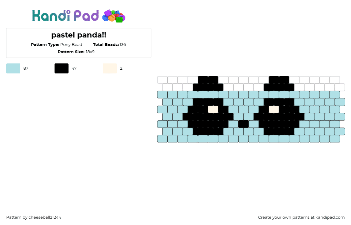 pastel panda!! - Pony Bead Pattern by cheeseballz1244 on Kandi Pad - panda,eyes,bear,animal,cuff,cute,pastel,light blue,black