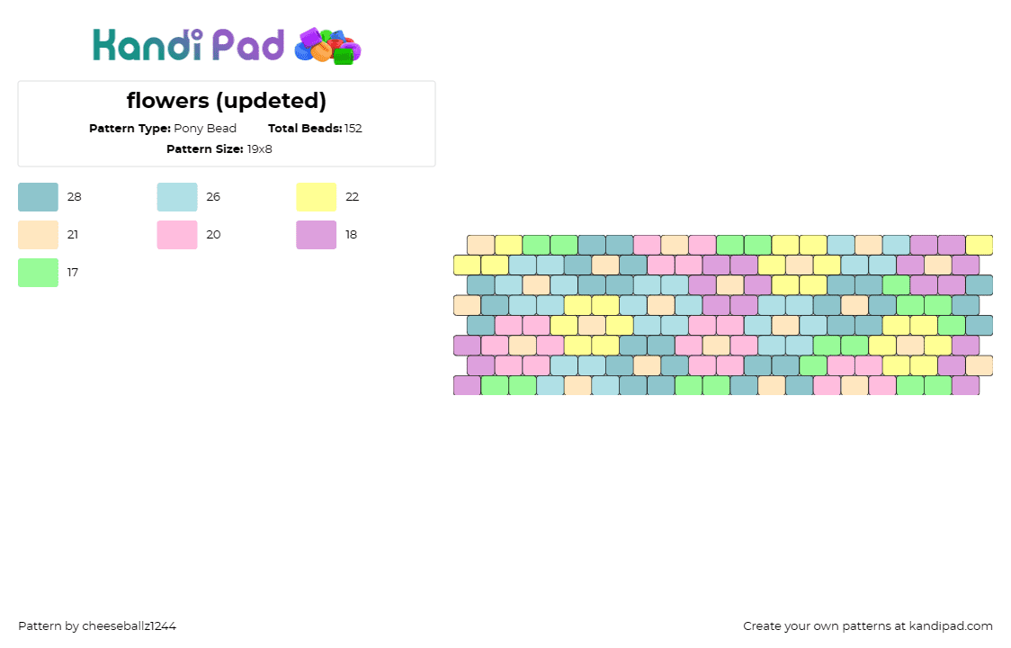 flowers (updeted) - Pony Bead Pattern by cheeseballz1244 on Kandi Pad - daisies,flowers,pastel,colorful,garden,cuff,purple,blue,yellow