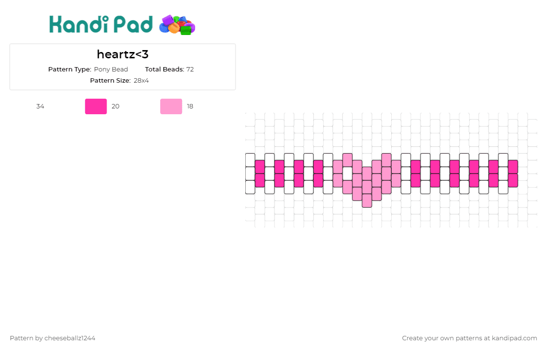 heartz<3 - Pony Bead Pattern by cheeseballz1244 on Kandi Pad - heart,love,bracelet,charm,cuff,valentine,pink,white