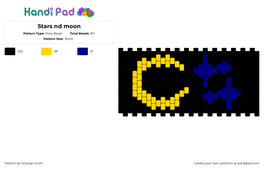 Stars nd moon - Pony Bead Pattern by strange-moth on Kandi Pad - moon,night,stars,dark,cuff,crescent,black,yellow,blue