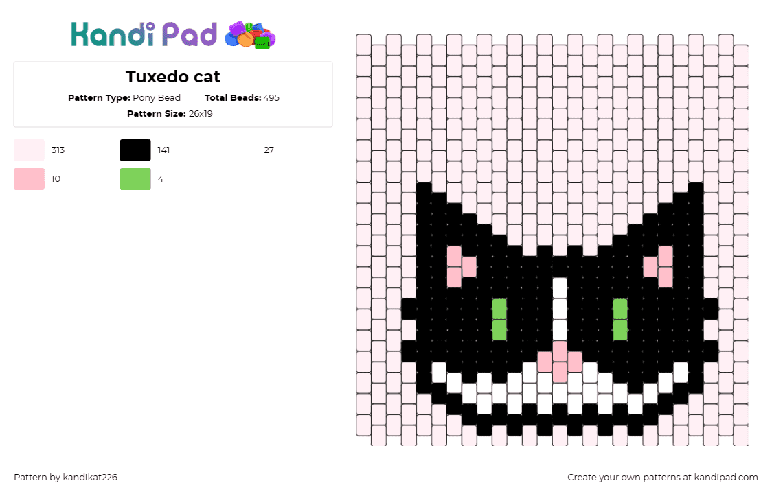 Tuxedo cat - Pony Bead Pattern by kandikat226 on Kandi Pad - cat,animal,panel,pink,black