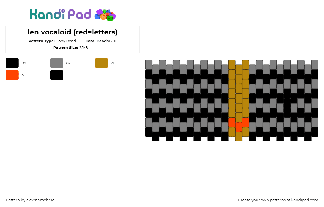 len vocaloid (red=letters) - Pony Bead Pattern by clevrnamehere on Kandi Pad - kagamine len,vocaloid,digital,stripes,music,cuff,brown,gray