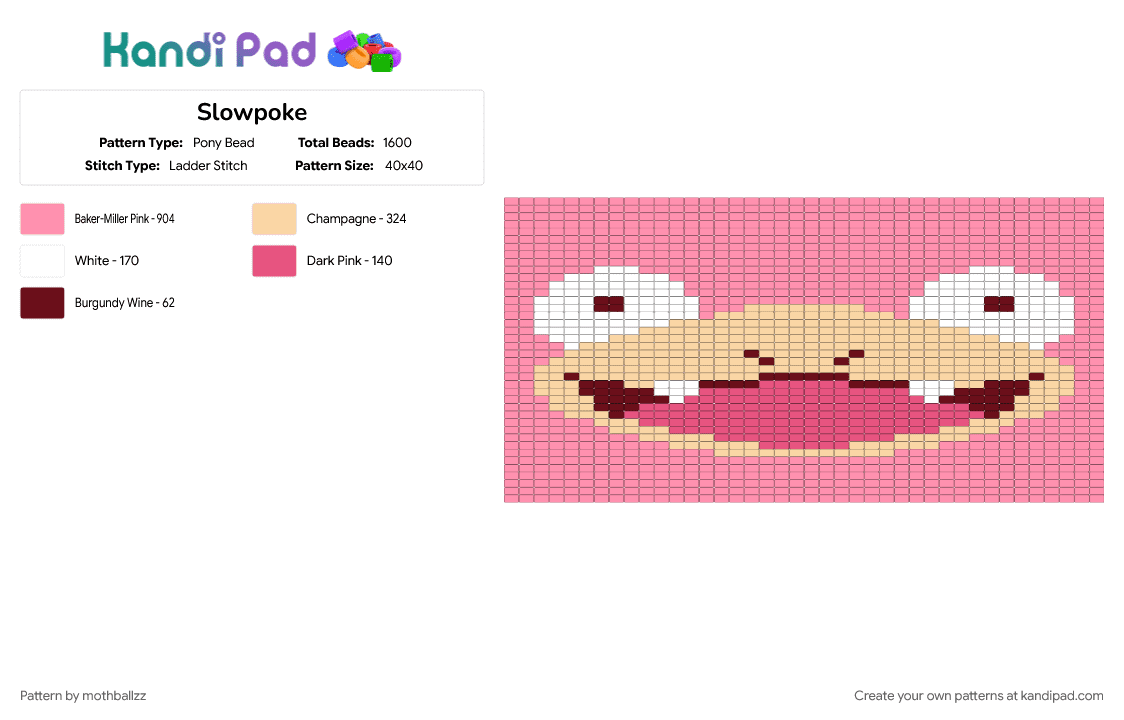Slowpoke - Pony Bead Pattern by mothballzz on Kandi Pad - pink