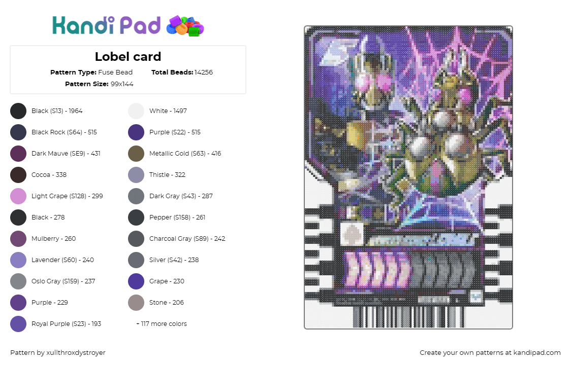 Lobel card - Fuse Bead Pattern by xullthroxdystroyer on Kandi Pad - lobel,kamen rider,card,tv show,gaming,purple