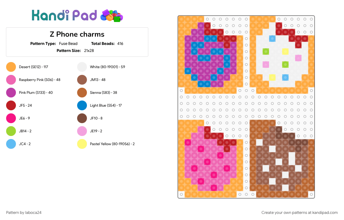 Z Phone charms - Fuse Bead Pattern by laboca24 on Kandi Pad - orange, pink, tan