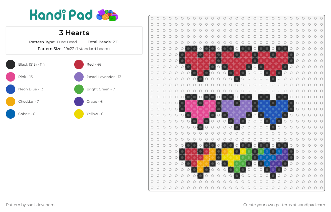 3 Hearts - Fuse Bead Pattern by sadisticvenom on Kandi Pad - hearts,love,valentines,colorful,rainbow,red