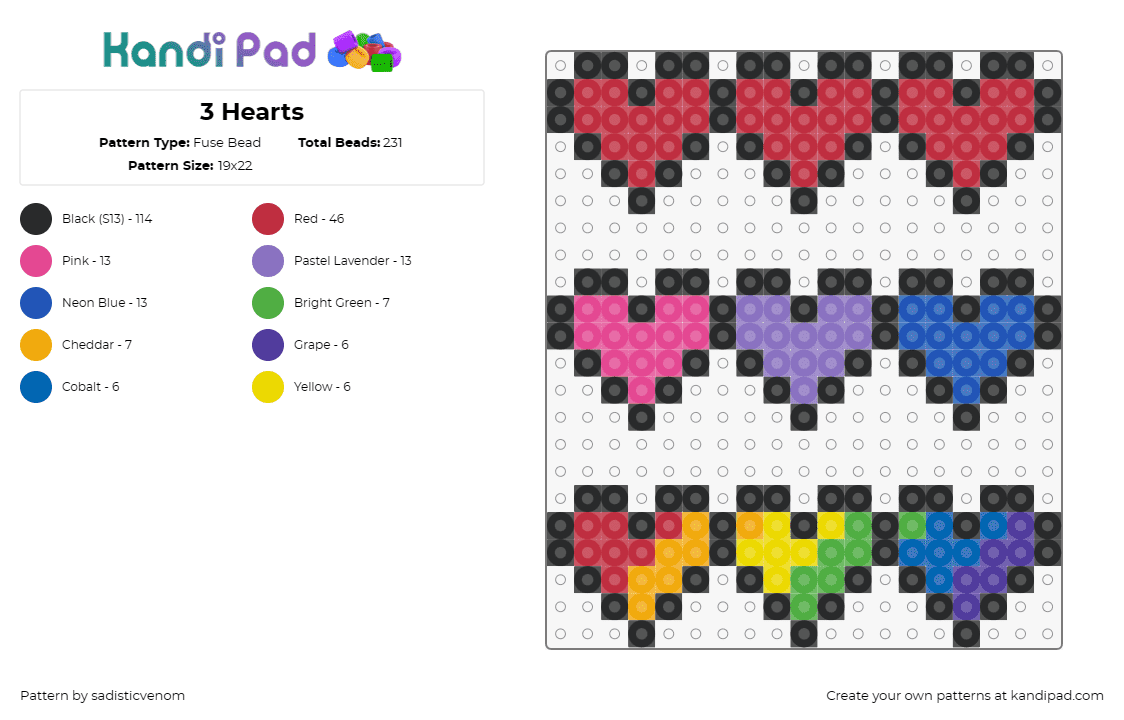 3 Hearts - Fuse Bead Pattern by sadisticvenom on Kandi Pad - hearts,love,valentines,colorful,rainbow,red