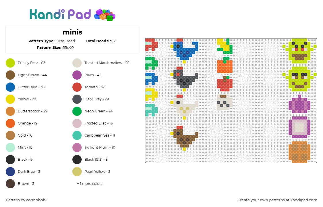 minis - Fuse Bead Pattern by connobob1 on Kandi Pad - chicken,shrek,fruit,charms,cute,colorful,green,purple