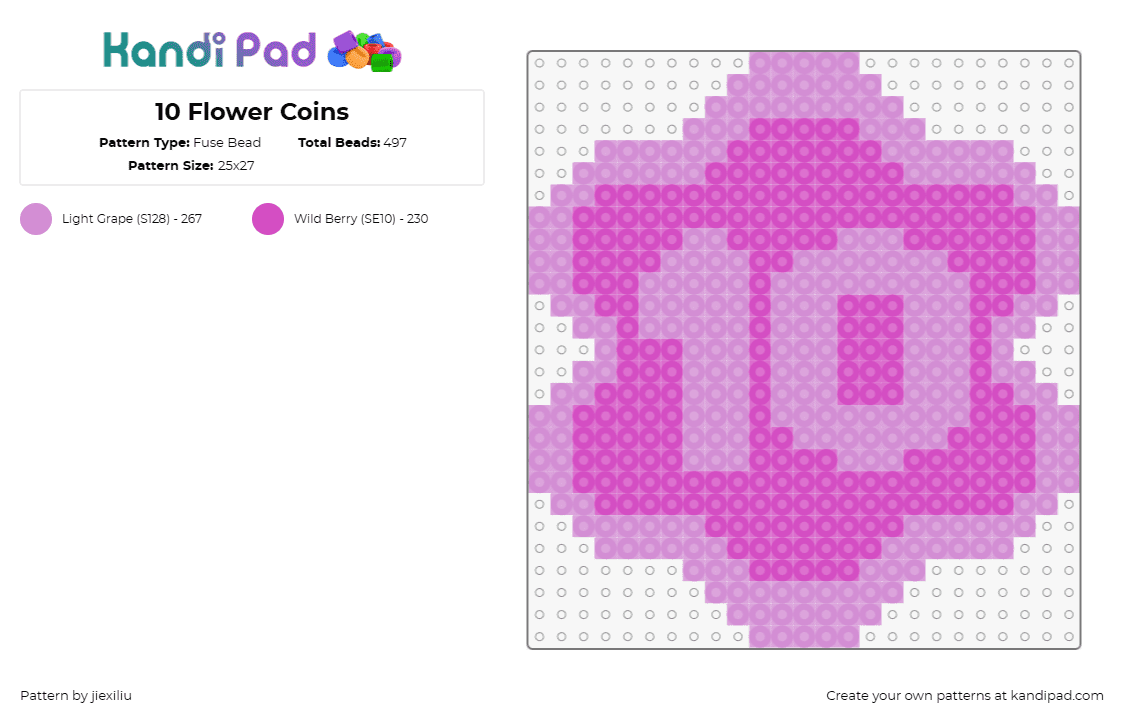 10 Flower Coins - Fuse Bead Pattern by jiexiliu on Kandi Pad - flower coin,mario,nintendo,video game,number,pink