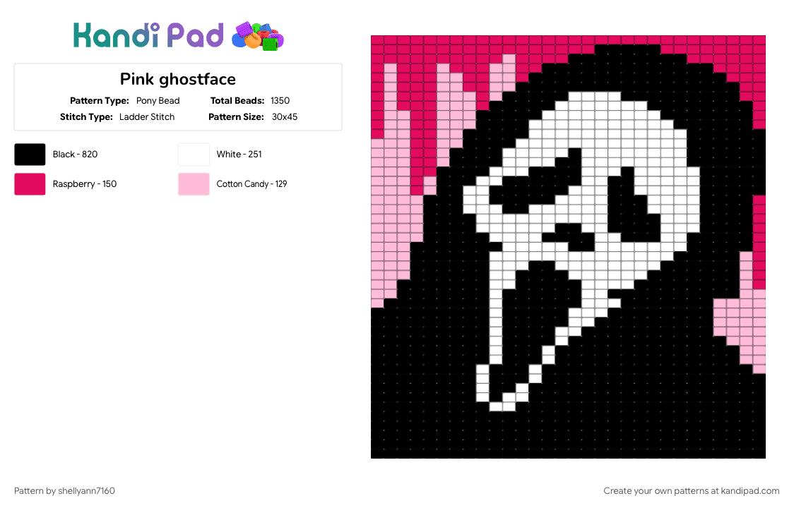 Pink ghostface - Pony Bead Pattern by shellyann7160 on Kandi Pad - black, pink, red