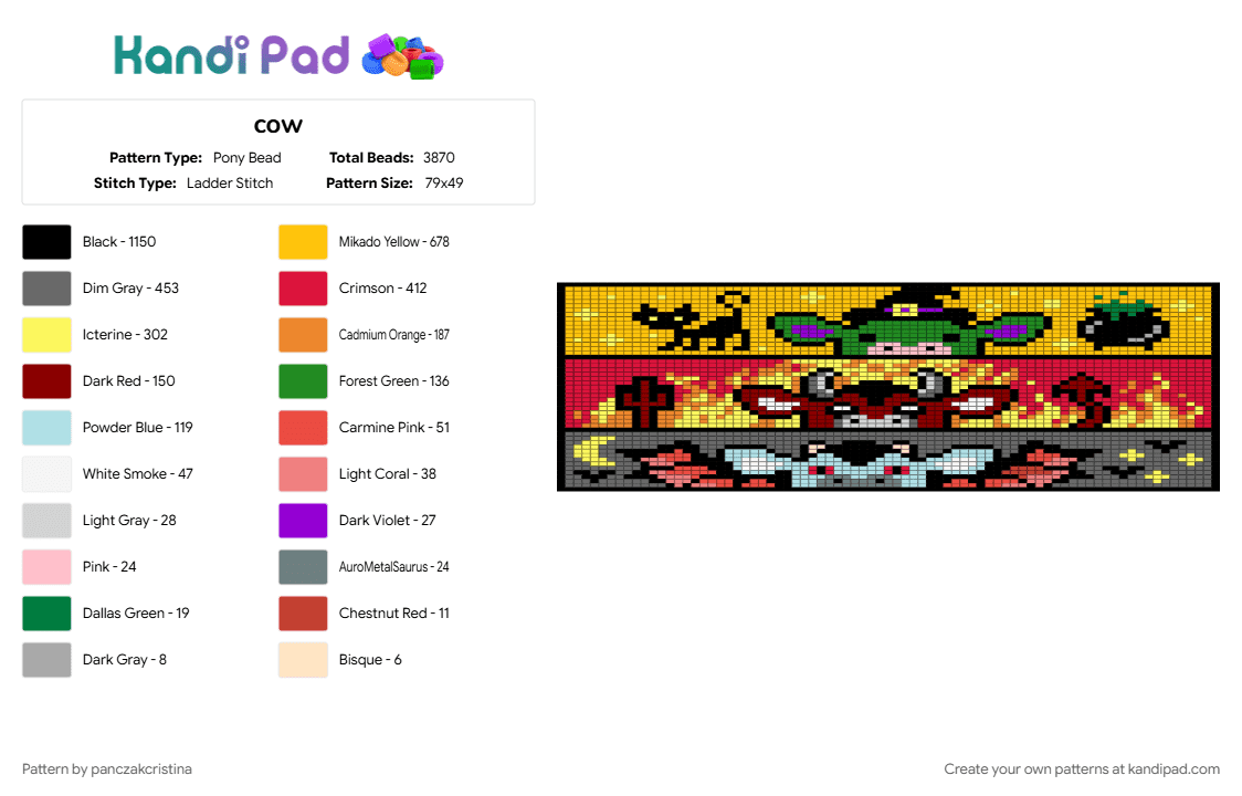 cow - Pony Bead Pattern by panczakcristina on Kandi Pad - gray, red, yellow