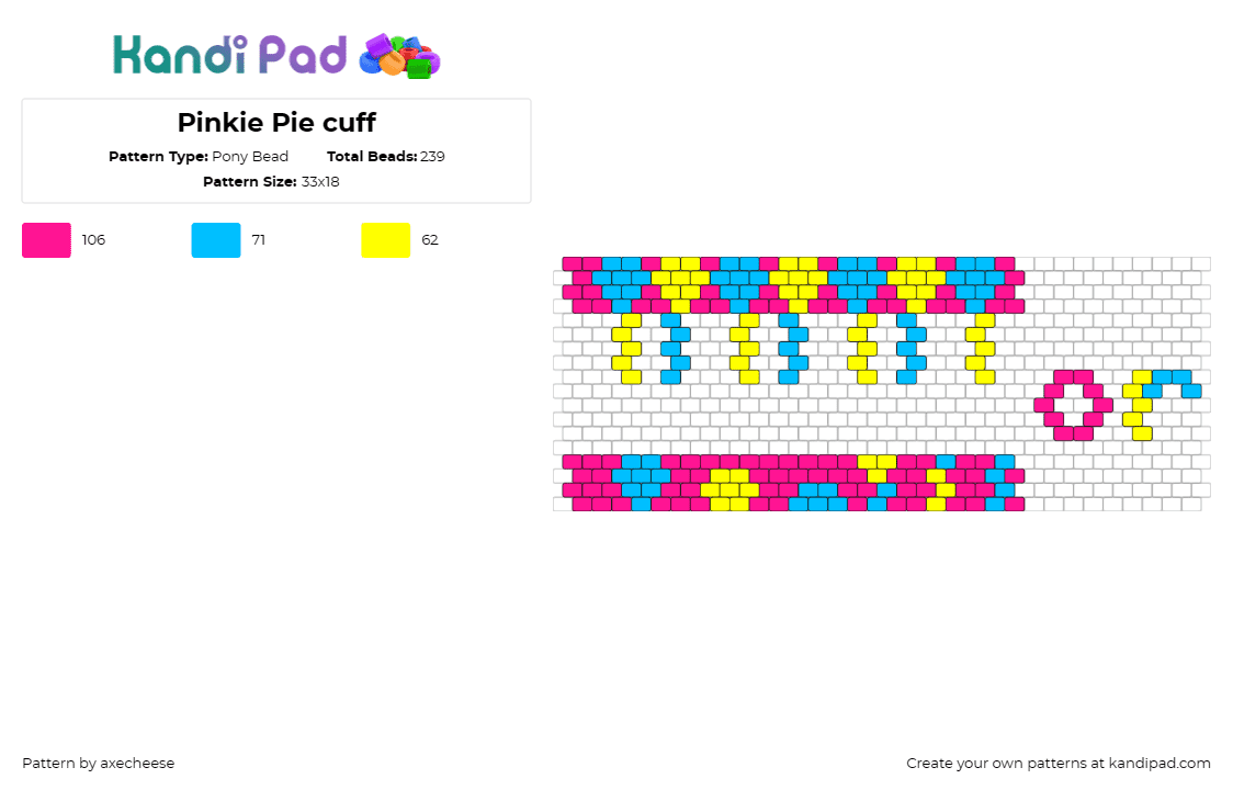 Pinkie Pie cuff - Pony Bead Pattern by axecheese on Kandi Pad - pinkie pie,mlp,balloons,my little pony,pink,yellow,blue