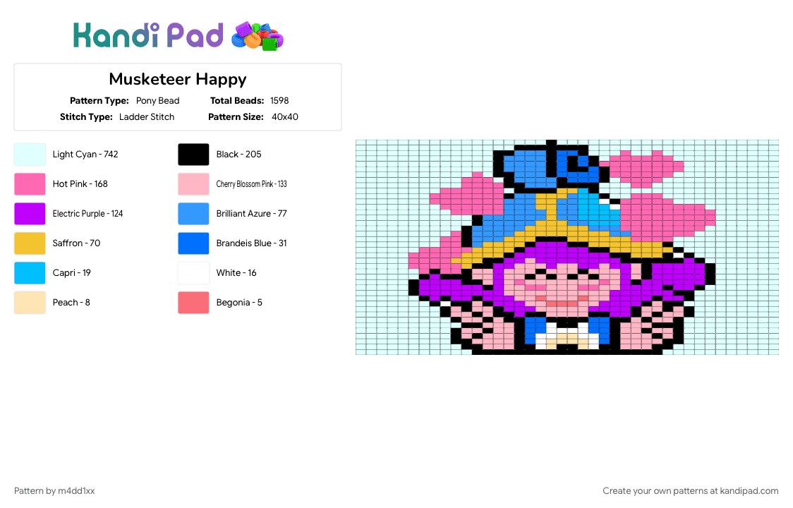 Musketeer Happy - Pony Bead Pattern by m4dd1xx on Kandi Pad - light blue, pink, purple, white