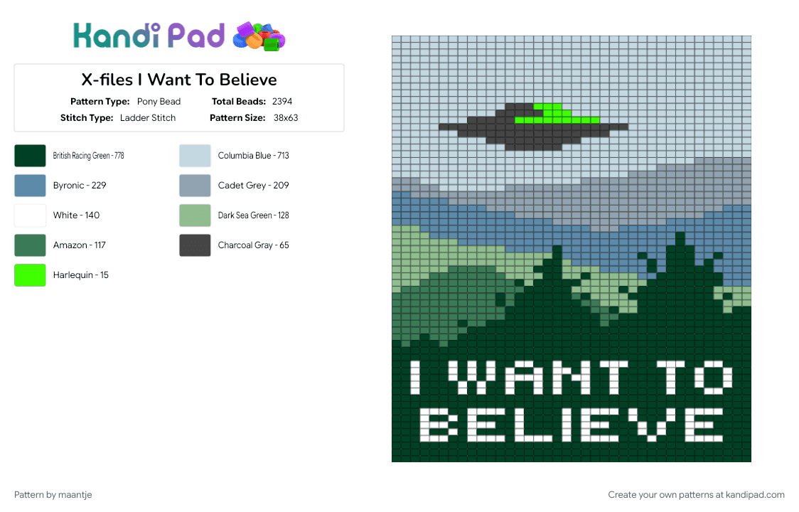 X-files I Want To Believe - Pony Bead Pattern by maantje on Kandi Pad - alien, gray, teal, the xfiles, tv show, white