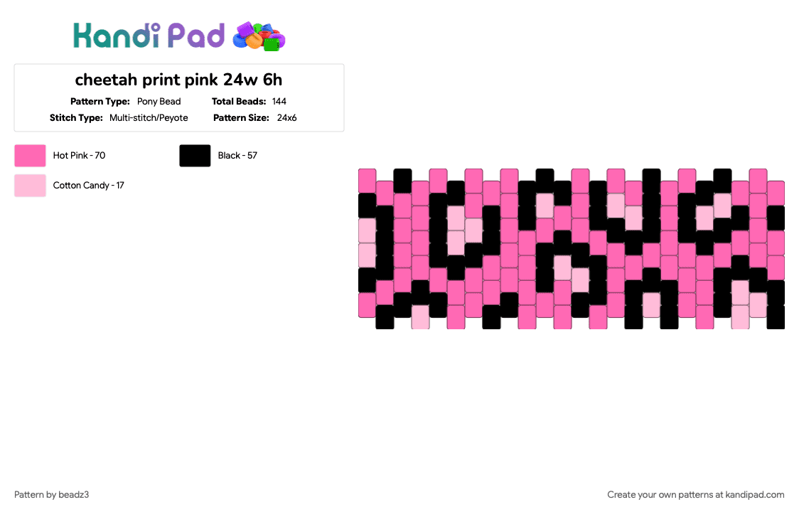 cheetah print pink 24w 6h - Pony Bead Pattern by deleted_user_69107 on Kandi Pad - animal print, black, cotdscenekidfashion, pink