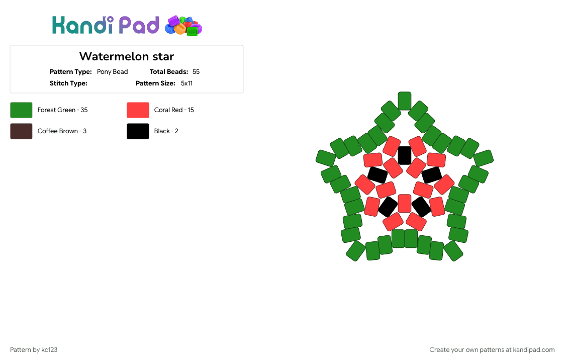 Watermelon star - Pony Bead Pattern by kc123 on Kandi Pad - cotdfarmersmarket, green, red