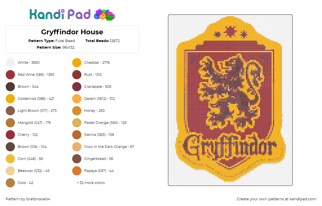 Gryffindor House - Fuse Bead Pattern by bratbrosia04 on Kandi Pad - gryffindor,harry potter,crest,logo,book,story,movie,red,orange,gold