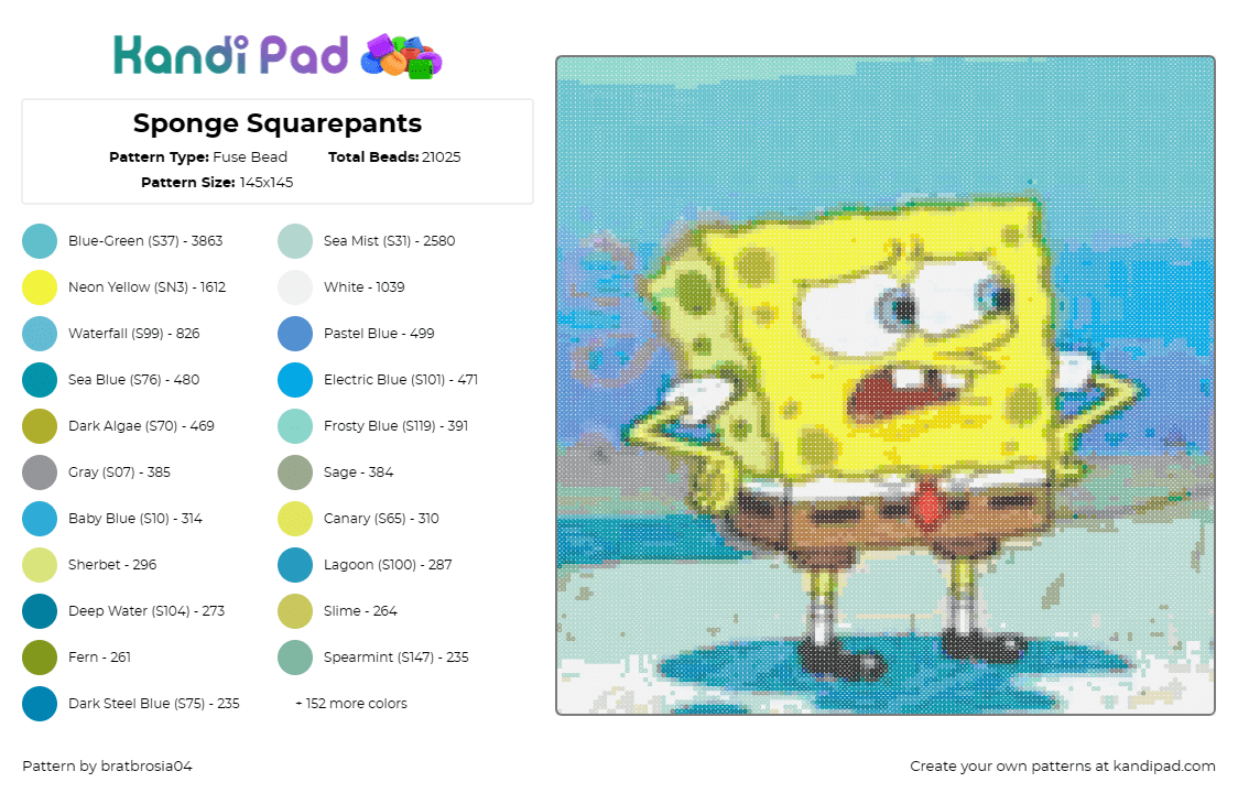 Sponge Squarepants - Fuse Bead Pattern by bratbrosia04 on Kandi Pad - spongebob squarepants,nickelodeon,character,tv show,underwater,cartoon,yellow,bl