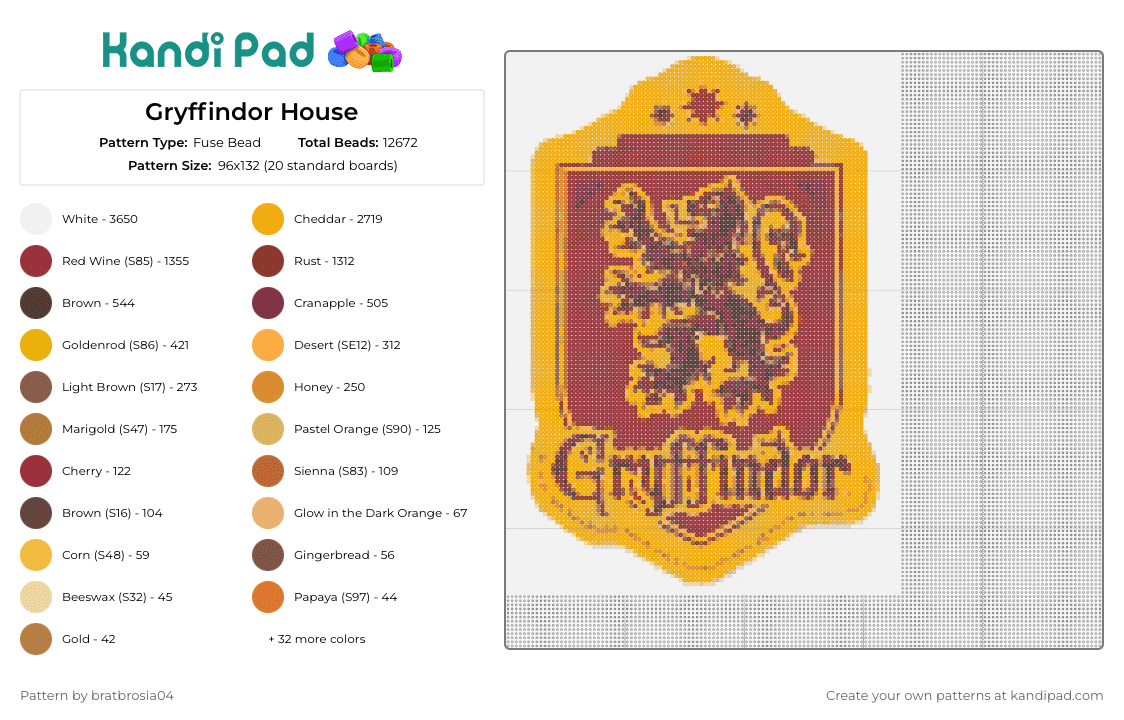 Gryffindor House - Fuse Bead Pattern by bratbrosia04 on Kandi Pad - gryffindor,harry potter,crest,logo,book,story,movie,red,orange,gold
