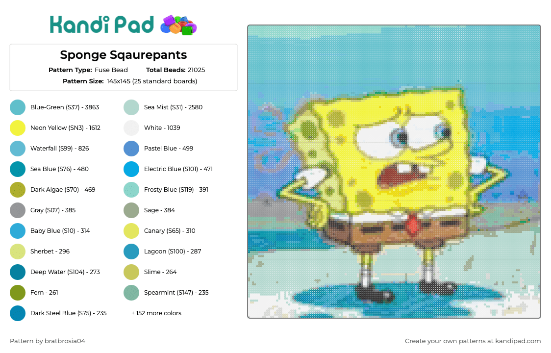 Sponge Squarepants - Fuse Bead Pattern by bratbrosia04 on Kandi Pad - spongebob squarepants,nickelodeon,character,tv show,underwater,cartoon,yellow,blue
