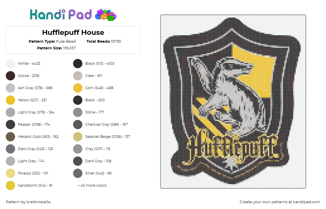 Hufflepuff House - Fuse Bead Pattern by bratbrosia04 on Kandi Pad - hufflepuff,harry potter,crest,logo,book,story,movie,black,yellow