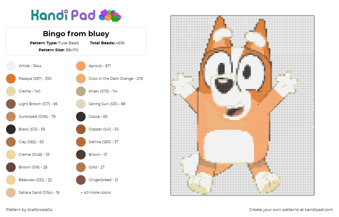 Bingo from bluey - Fuse Bead Pattern by bratbrosia04 on Kandi Pad - bingo,bluey,character,children,dog,tv show,happy,orange,white