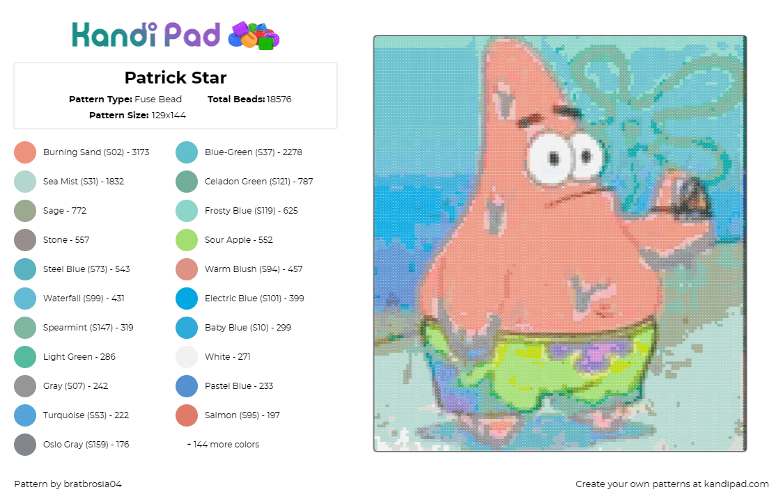 Patrick Star - Fuse Bead Pattern by bratbrosia04 on Kandi Pad - patrick,spongebob squarepants,nickelodeon,character,tv show,underwater,cartoon,p