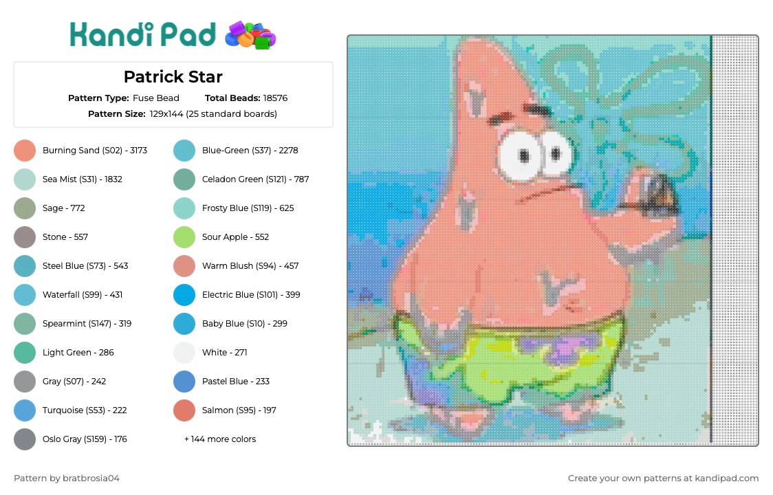 Patrick Star - Fuse Bead Pattern by bratbrosia04 on Kandi Pad - patrick,spongebob squarepants,nickelodeon,character,tv show,underwater,cartoon,pink