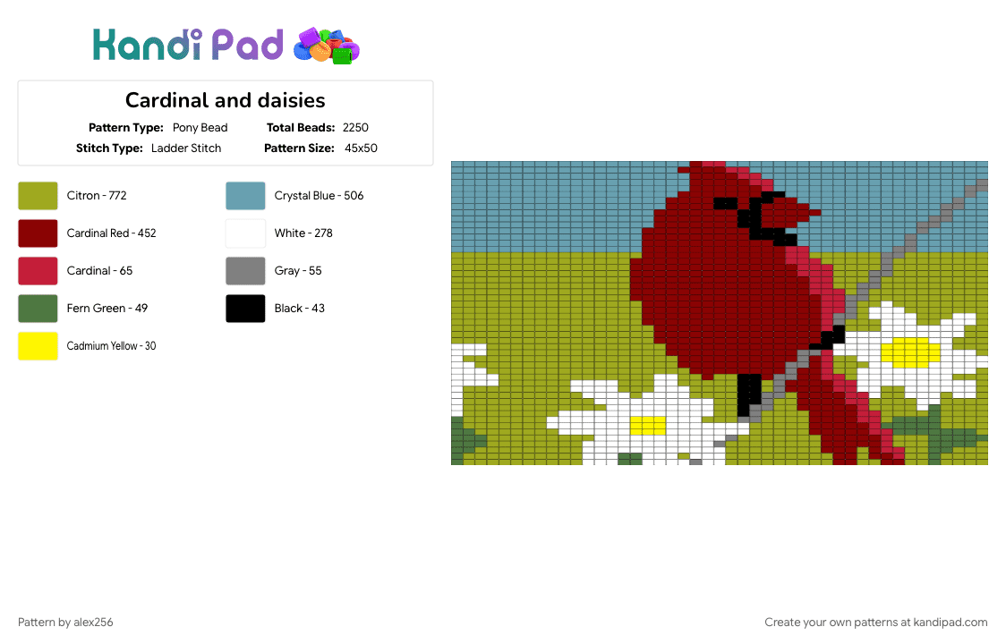 Cardinal and daisies - Pony Bead Pattern by alex256 on Kandi Pad - green, red, teal